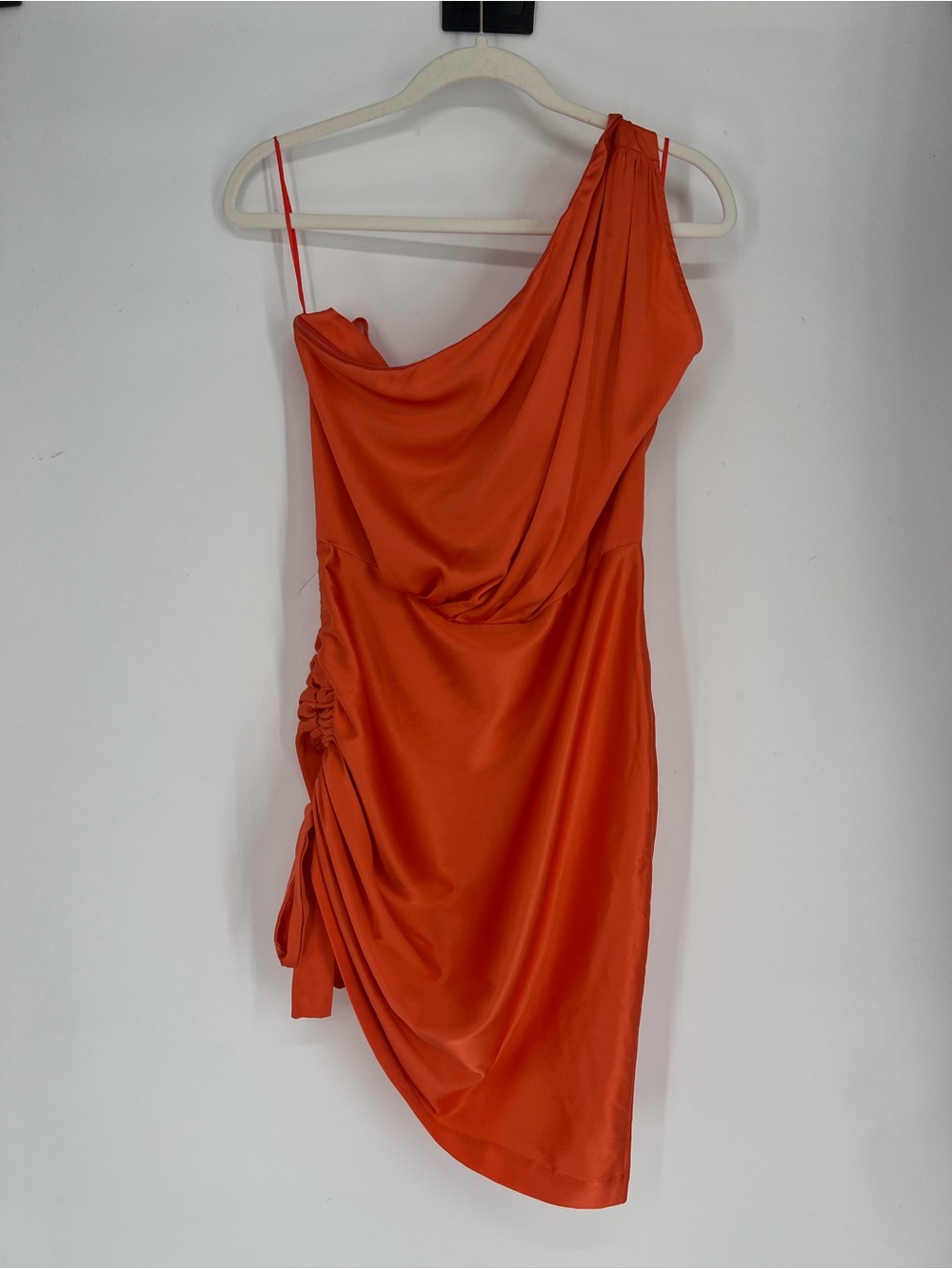 Retrofete Silk Blend Bow One-Shoulder Orange Draped Designer Cocktail Mini Dress - Picture 8 of 8